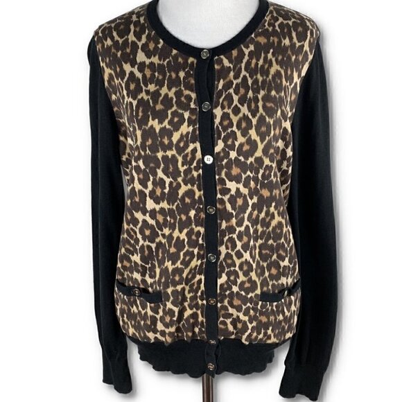 Ann Taylor womens sweater size L black brown cheetah print button down cardigan - Picture 10 of 10